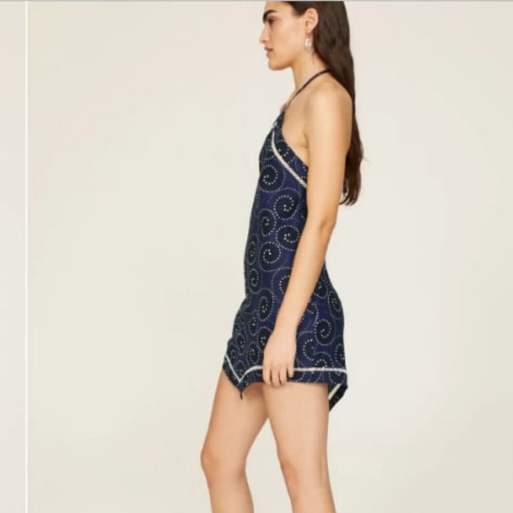 New STAUD Megan Linen Halter Mini Dress Tunic Navy Whirlpool 14 MSRP $300 - Picture 6 of 13